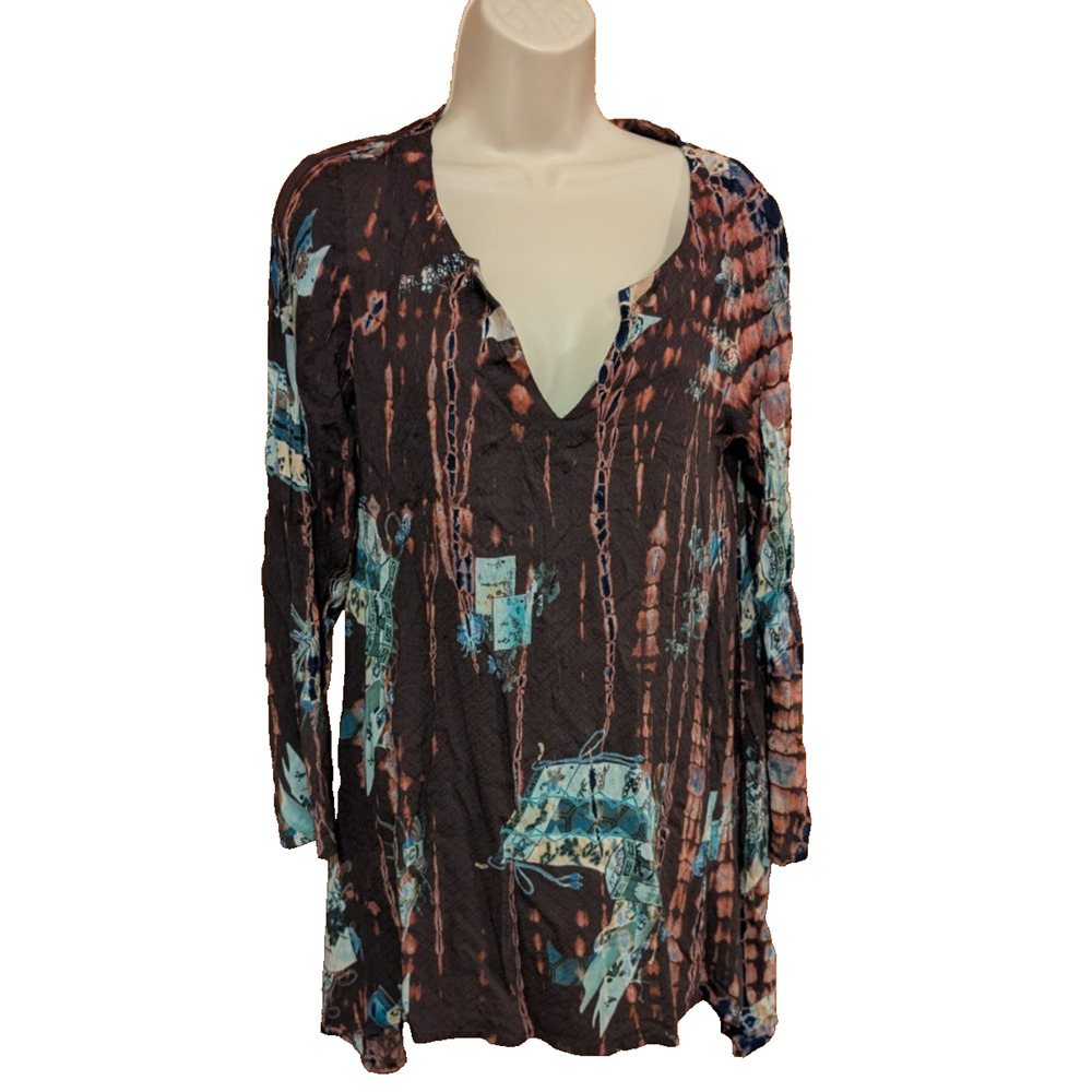 Citron Santa Monica‎ Womens Top Brown, turquoise Asymmetrical SMALL NEW